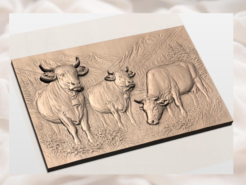 May include: A wooden relief carving of three cows in a mountain scene. The cows have horns and bells, set against a backdrop of hills and trees. The artwork is in shades of brown, with a detailed finish.