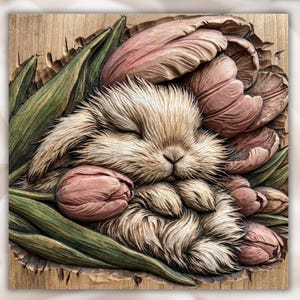 Sleeping Bunny with Tulips 3D STL Relief view 1