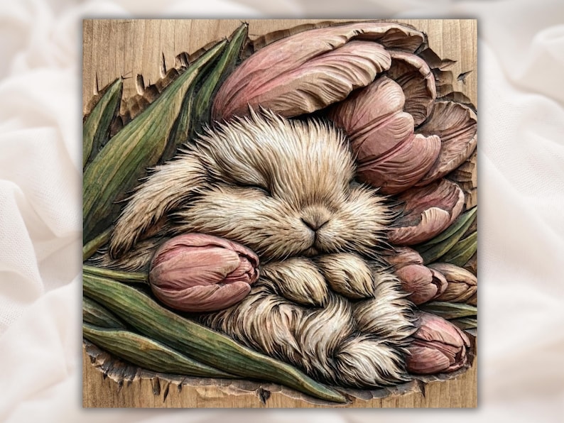 Sleeping Bunny with Tulips 3D STL Relief