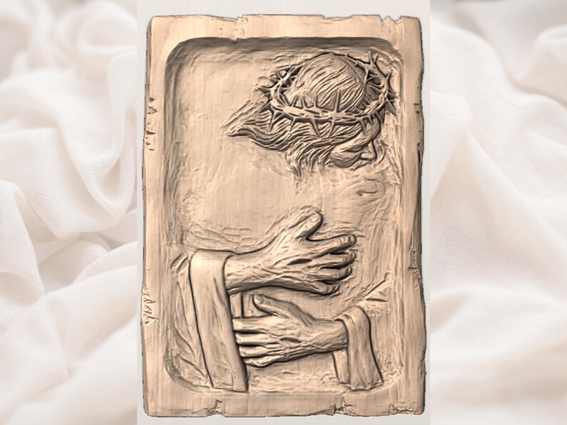 May include: A carved wooden relief showing a figure with a crown of thorns, in a self-embrace. The hands are clasped, and the relief is set within a rectangular frame with a textured surface. The artwork is in shades of brown.