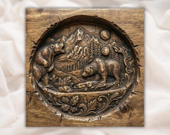 Bear Wildlife 3D Relief STL | Mountain Forest Round Scene Wood Grain Carving | Aspire, VCarve Pro, Carveco, Fusion 360, ArtCAM | Home Decor