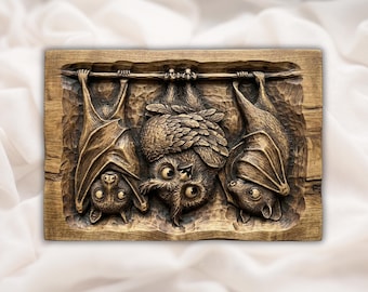 コウモリとフクロウの3DレリーフSTL | ハロウィン木彫りCNCルーターファイル | 不気味な壁アートパネル | 3Dプリントモデル | レーザー彫刻デザイン