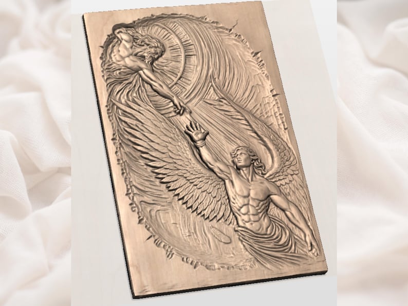 May include: A rectangular, bronze-colored relief sculpture depicting two figures reaching towards each other. One figure is winged, with outstretched arms, and the other is above, also reaching. The background features a circular design.
