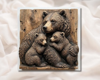 Bear Family 3D Relief STL | Mama Bear & Cubs Woodland Wall Art Panel | CNC Router 3D Print Laser Engrave File