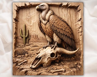 砂漠ハゲワシのレリーフ（STLファイル）｜牛の頭蓋骨の壁飾り｜南西部ゴシック調の装飾｜素朴な西部風の鳥の飾り板｜手彫りの木目調｜ホームデコレーション