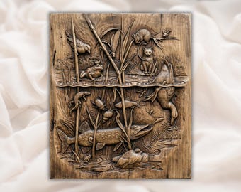 Vijver Wildlife 3D-reliëf STL | Vis kikker vogel muis CNC houtsnijwerk | Natuurscènekunst | Aspire, VCarve Pro, Carveco, Fusion 360, ArtCAM