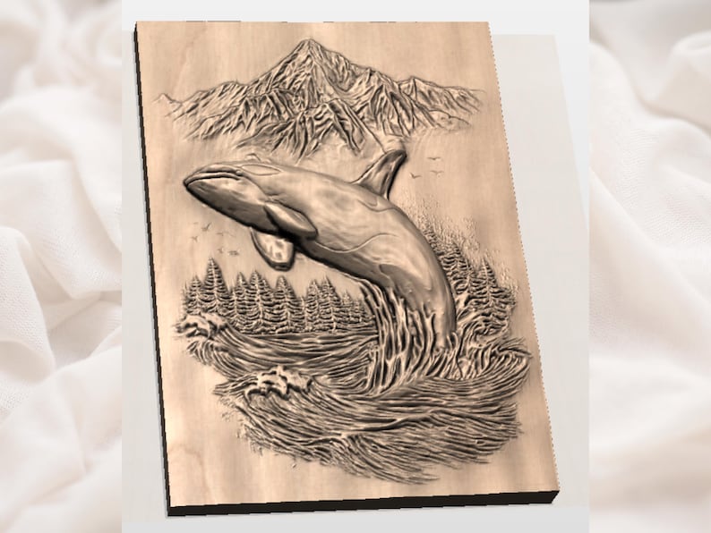May include: Wooden relief carving of an orca breaching the water, with a mountain range and evergreen trees in the background. The artwork is in shades of brown and tan, with detailed textures.