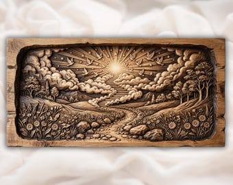 Paisagem Cristã em Relevo CNC STL | Decoração de Escadaria com Nuvem de Luz Angélica | Painel de Arte de Parede Caminho Celestial | Relevo Religioso Escadaria para a Luz