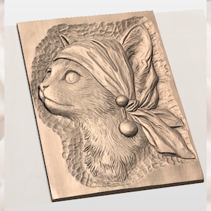 Cat with Headscarf 3D Relief STL view 2
