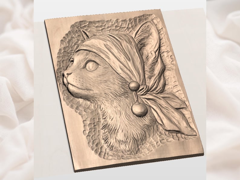 May include: A wooden relief carving of a cat's head in profile, wearing a headscarf and a decorative ornament. The carving is in shades of brown and has detailed textures, showcasing the cat's fur and facial features.
