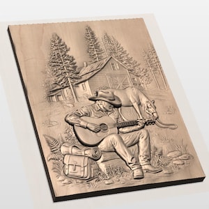 Cowboy Guitar Cabin 3D Relief STL view 3