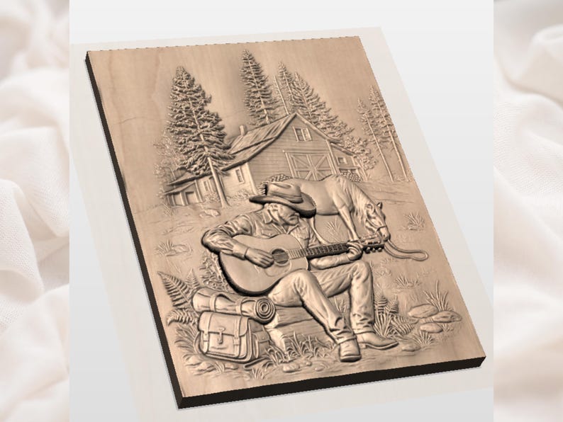 Cowboygitarrstuga 3D-relief STL | Westernmusikscen med häst- och ladugårdspanel | CNC-ruttersnideri, 3D-utskrift, lasergravyr | Digitalt bild 3