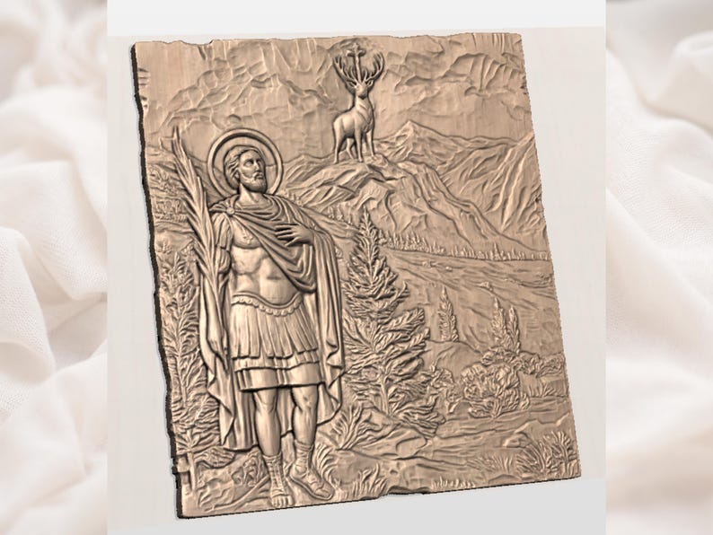 May include: A bronze relief carving showing a saint with a halo and palm branch. A deer with a cross on its antlers stands on a mountain, with a detailed landscape in the background.