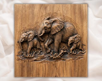 Elephant Family 3D Relief STL File |   Elephants Wood  CNC Carving | Safari Wildlife  Art |Aspire, VCarve Pro, Carveco, Fusion 360, ArtCAM