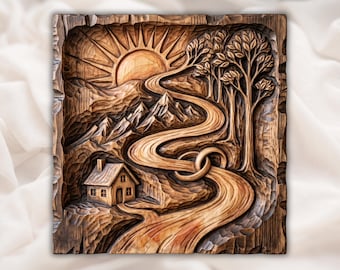 Design em relevo CNC de anéis do amor | Arte romântica em painel com paisagem de rio | Escultura em madeira para roteador CNC STL | Escultura de símbolo do amor com anéis entrelaçados