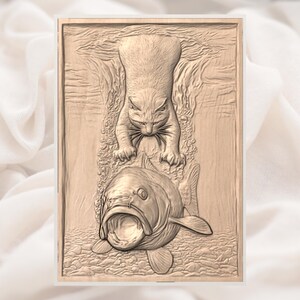 Cat Fishing 3D Relief STL view 2