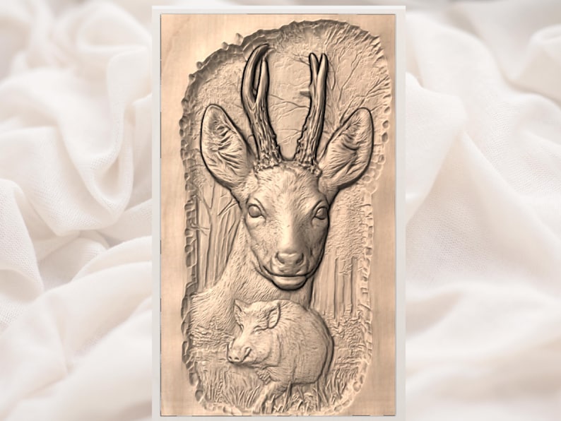 May include: A detailed relief carving of a deer with antlers and a smaller wild boar. The artwork is in a rectangular frame, showcasing the animals in a forest setting. The carving is in shades of brown.