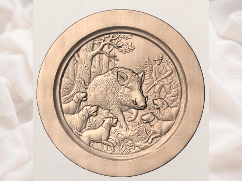 May include: A round, wooden relief carving depicting a hunting scene. The central focus is a large boar surrounded by hunting dogs. A hunter with a rifle stands in the background, with trees and foliage completing the forest setting. The carving is in shades of brown.
