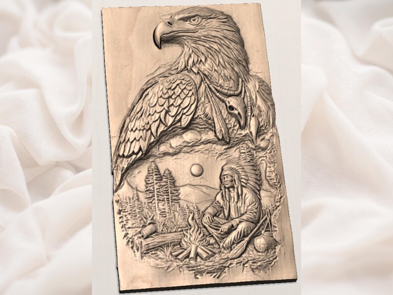 May include: A wooden relief carving featuring an eagle and a Native American chief. The eagle is at the top, with detailed feathering. The chief is seated near a campfire, with a forest and mountains in the background. The carving is in shades of brown.