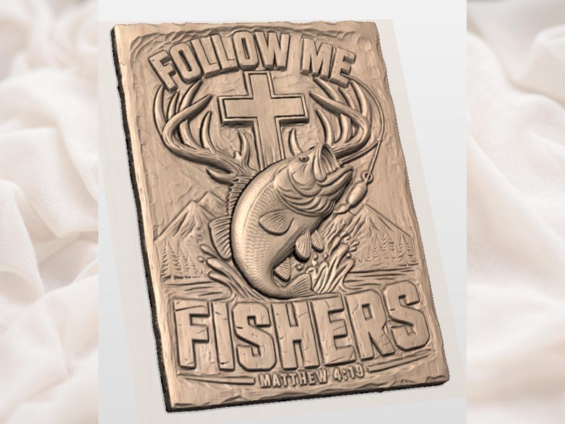 May include: A rectangular, bronze-colored plaque with the words "FOLLOW ME FISHERS" and a cross. A fish is jumping out of the water, with a fishing hook and line. The text "Matthew 4:19" is at the bottom. The background features mountains and trees.
