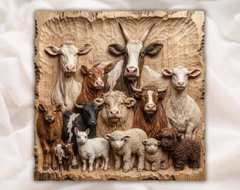 Farm Animals Relief STL Bundle | CNC Router 3D Carving Model | Cow Goat Sheep Pig Calf Lamb Wood Relief Panel | Rustic Farmhouse Wall Art