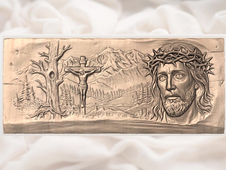 May include: A wooden relief carving depicting a religious scene. The carving features a detailed depiction of Jesus wearing a crown of thorns, and a crucifixion scene with a cross, a tree, and a mountain range in the background.