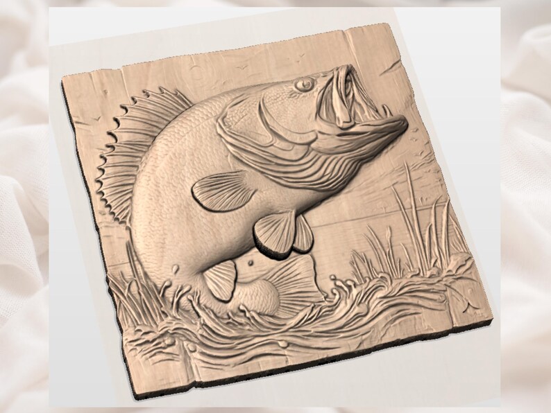 May include: A wooden relief carving of a largemouth bass leaping from water, with detailed scales and fins. The fish is set against a background of reeds and water, all carved into a rectangular wooden plaque.