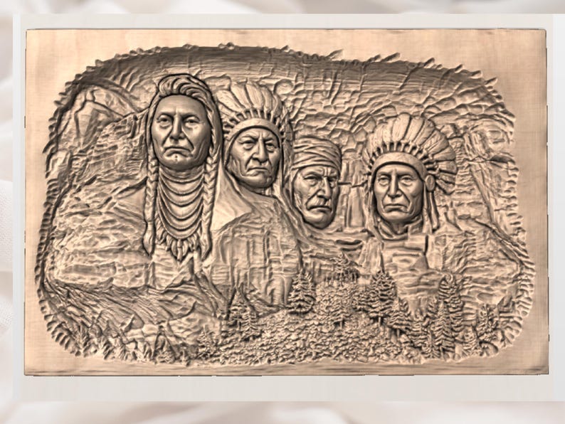 Native Chiefs Cliff Portrait STL | Mount Rushmore Style Chiefs 3D Relief STL for CNC Router | Native American Sculpture Wood Carving Panel image 3