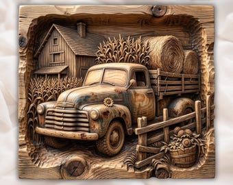 Camión de granja STL / Relieve de fardo de heno / Decoración rústica de pared para casa de campo / Obra de arte de camioneta vintage / Diseño de tallado en madera / Placa con escena campestre