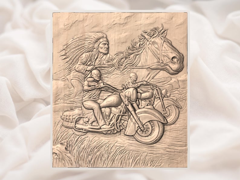 May include: A light brown relief carving featuring a Native American chief, a horse, and a motorcycle with two riders. The artwork blends historical and modern themes, set against a backdrop of a grassy field, showcasing intricate details.
