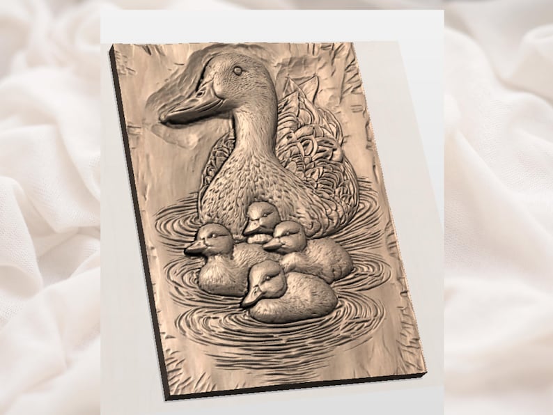May include: A detailed relief carving of a duck and her ducklings in a pond. The artwork is rendered in shades of brown, with the mother duck prominently featured above her three ducklings. The water is depicted with concentric circles.