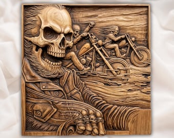 Outlaw Biker Skull Motorcycle CNC Relief STL | Man Cave Wall Art Panel | Biker Garage Decor Wood Carving Pattern