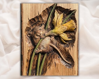 Relevo de Rato em STL | Modelo para Escultura 3D em Roteador CNC | Rato da Floresta em Flor de Narciso - Painel em Baixo Relevo com Textura de Madeira | Decoração de Parede para Quarto Infantil