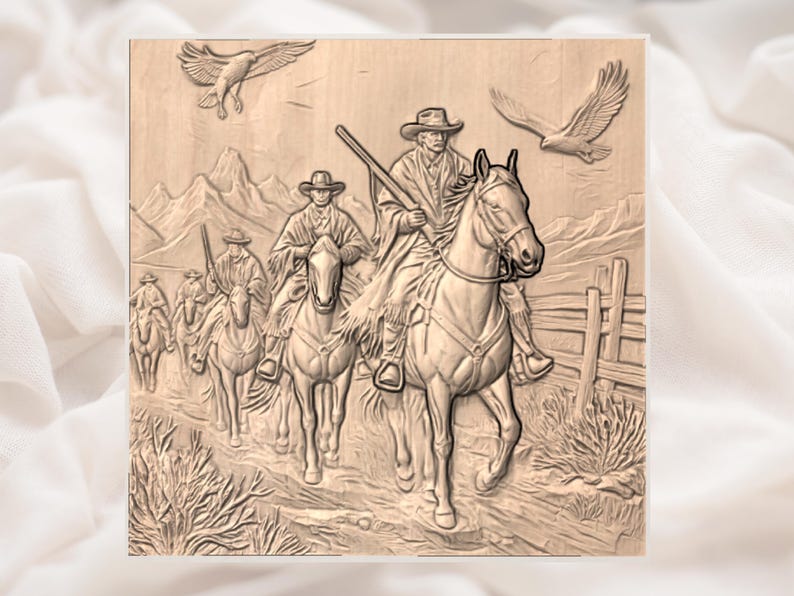 Peut inclure: Sculpture en relief en bois repr&eacute;sentant des cow-boys &agrave; cheval dans un paysage montagneux, avec des aigles en vol. Les cow-boys sont arm&eacute;s et portent des chapeaux, &eacute;voquant un th&egrave;me western.