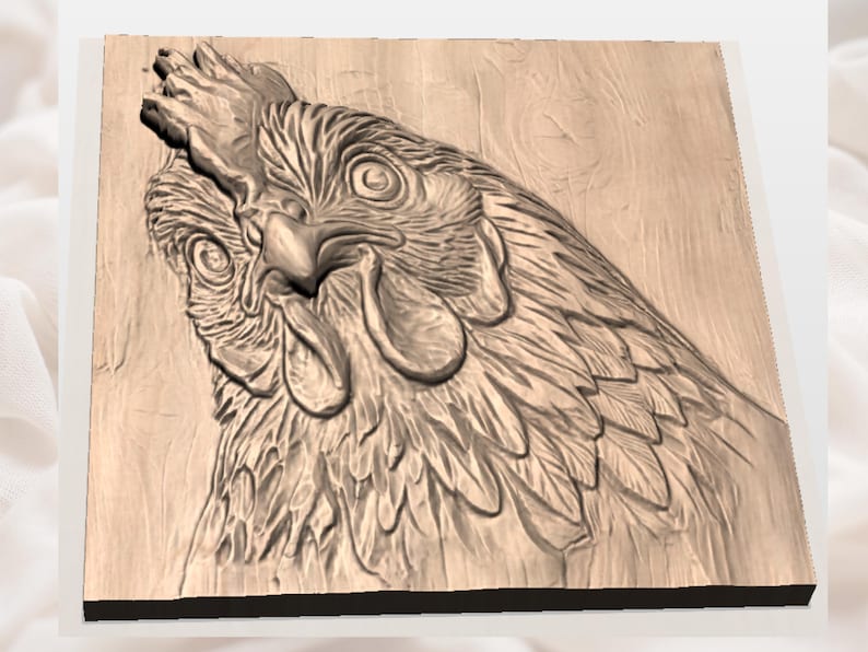 May include: A detailed wood carving of a chicken's head and upper body. The artwork is rendered in shades of brown, with intricate details in the feathers, beak, and comb. The carving is mounted on a square wooden plaque.