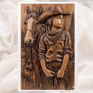 Young Cowboy & Horse 3D Relief STL view 1