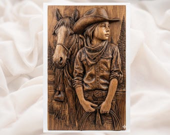 Young Cowboy & Horse 3D Relief STL | Western Portrait Wall Art Panel | CNC Router 3D Print Laser Engrave File