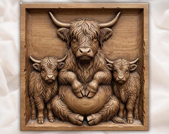 Highland Cow Mother and Calves 3D Relief STL | Rustic Cabin Wall Decor | CNC Router 3D Print