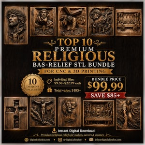 Pode incluir: Anúncio de download digital de um "Top 10 Premium Religious Bas-Relief STL Bundle" para CNC e impressão 3D. A imagem apresenta dez designs de baixo-relevo com temas religiosos, sobre um fundo de madeira escura.