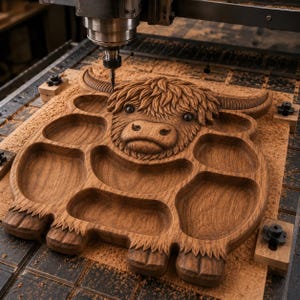Op de afbeelding: Een bruin houten serveerblad uitgesneden in de vorm van een Schotse hooglander met een gedetailleerd gezicht en hoorns. Het blad heeft meerdere verzonken vakken voor voedsel, met een CNC-machinespindel direct boven het houten oppervlak.