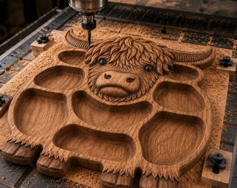 Bandeja de vaca de las Tierras Altas (archivo STL) para fresadora CNC / Modelo de relieve 3D de bandeja de madera / Diseño de tallado de bandeja de servir de madera / Decoración de cocina