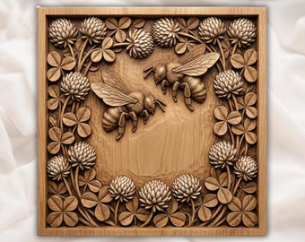 Bees and Clover Nature Scene 3D Relief STL | Botanical Wall Art | CNC Router & Laser File