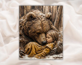 Girl & Bear 3D Relief STL | Wildlife Guardian Sleeping Scene Wood Grain Carving Panel | CNC Router File, 3D Print,Laser Engrave | Home Decor