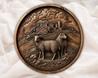 Sheep Farm STL Relief | Round Country 3D Carving File for CNC Router | Rustic Barn Landscape Wall Art Panel | Hand Carved Wood Grain STL