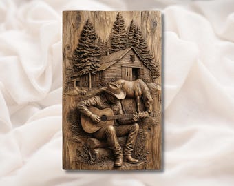 Cowboy Playing Guitar 3D Relief STL for CNC Router, Laser Engraving & 3D Printing | Western Cabin Horse Ranch Wall Art