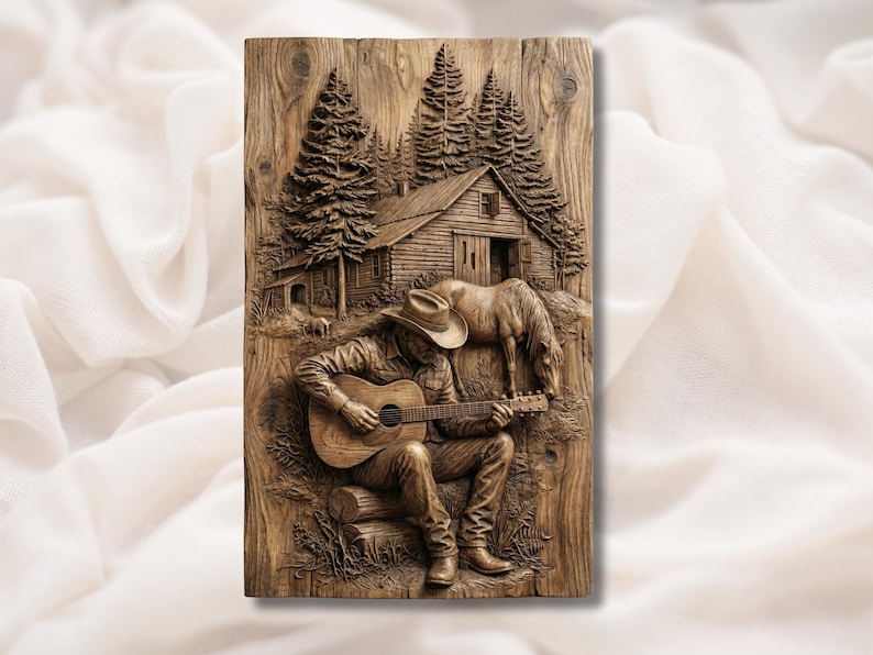 Cowboy Playing Guitar 3D Relief STL for CNC Router, Laser Engraving & 3D Printin