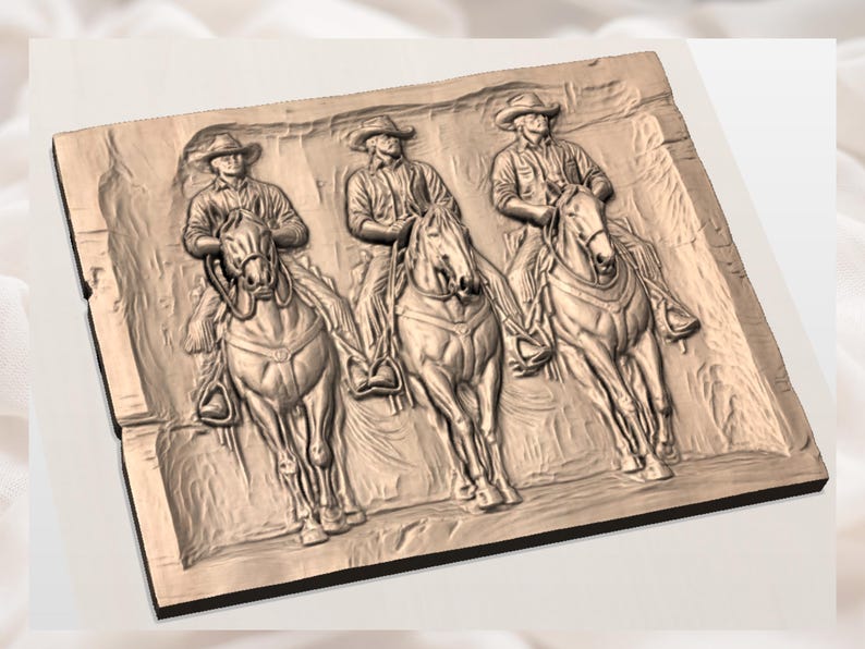 May include: A detailed relief carving depicts three cowboys on horseback. The figures are wearing hats and riding horses with detailed saddles and bridles. The carving is in shades of brown and tan, with visible texture and depth, suggesting a Western theme.