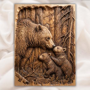 Bear & Cubs 3D Relief STL for CNC Router view 1