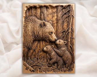 Bear & Cubs 3D Relief STL for CNC Router | Wildlife Wood Carving Panel | Mama Bear Family Forest Scene | Cabin Lodge Wall Art | 3D Print