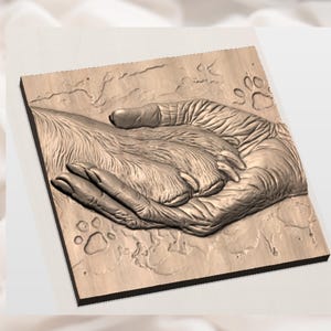 Human Hand Holding Dog Paw 3D Relief STL view 2